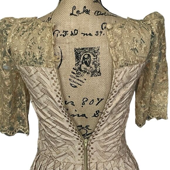 Handmade Womens S* Fit Flare Gold‎ Dress Lace Sleeve Wrap Lolita Formal Coquette - Picture 5 of 16